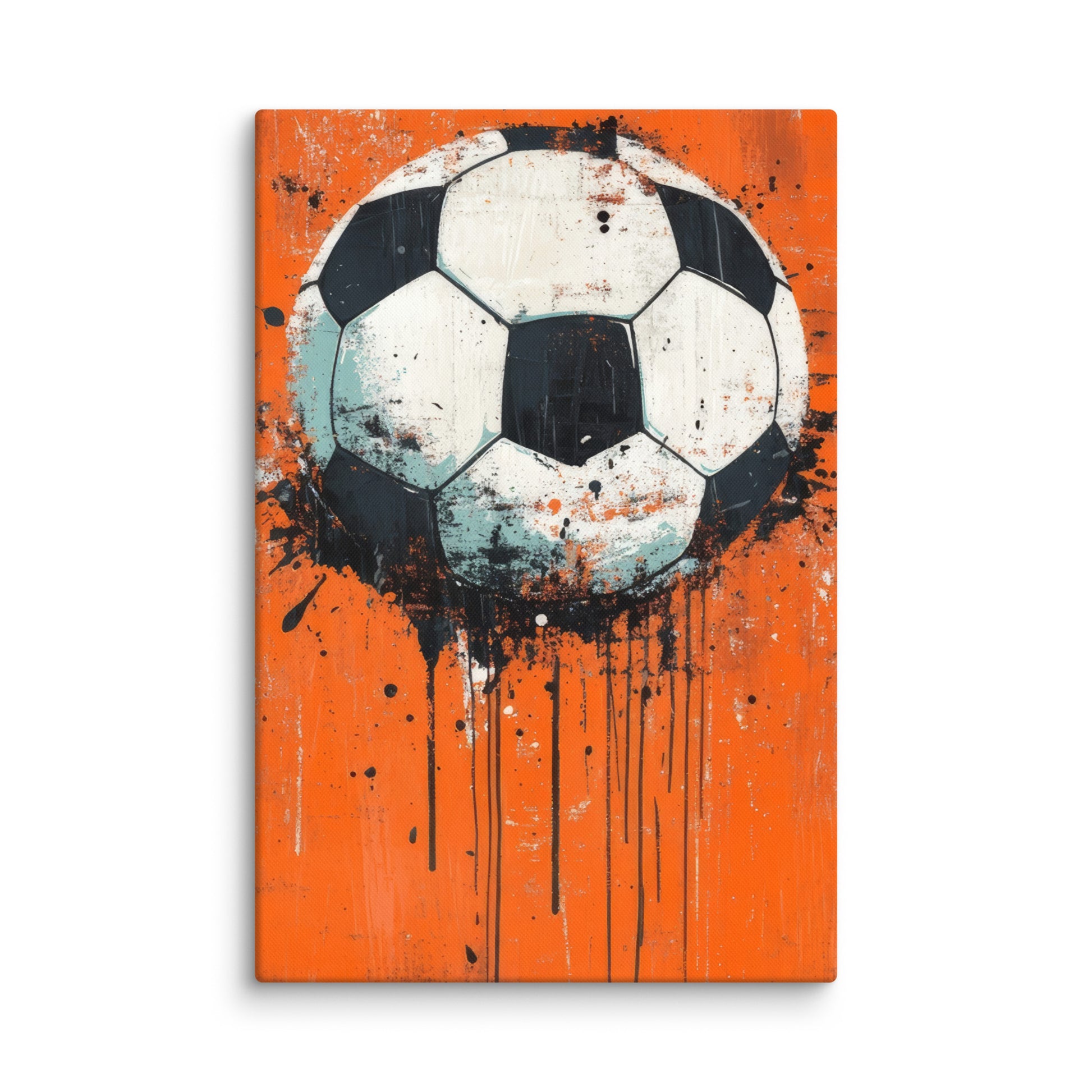 Soccer art with bold orange background.